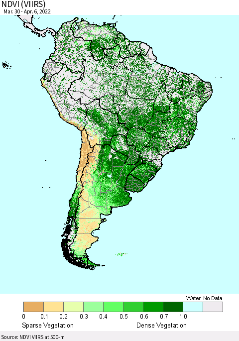 South America NDVI (VIIRS) Thematic Map For 3/30/2022 - 4/6/2022