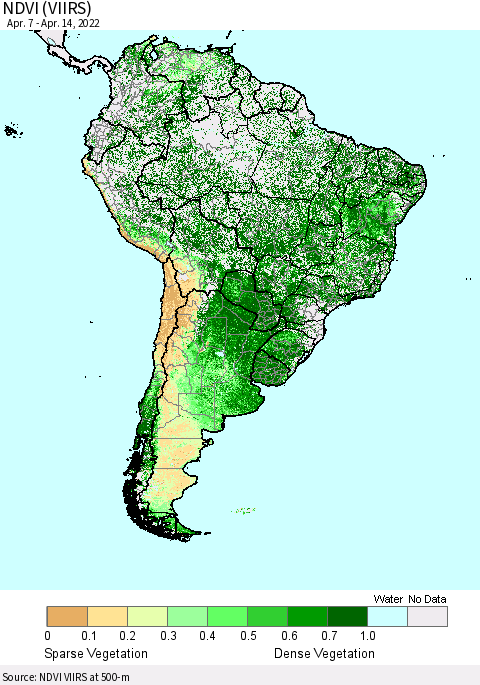 South America NDVI (VIIRS) Thematic Map For 4/7/2022 - 4/14/2022
