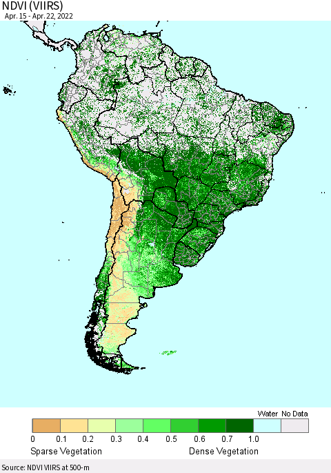 South America NDVI (VIIRS) Thematic Map For 4/15/2022 - 4/22/2022