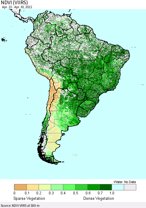 South America NDVI (VIIRS) Thematic Map For 4/23/2022 - 4/30/2022