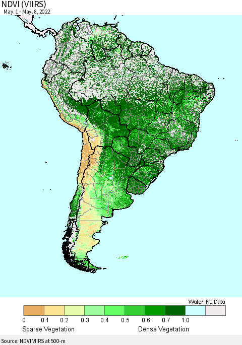South America NDVI (VIIRS) Thematic Map For 5/1/2022 - 5/8/2022