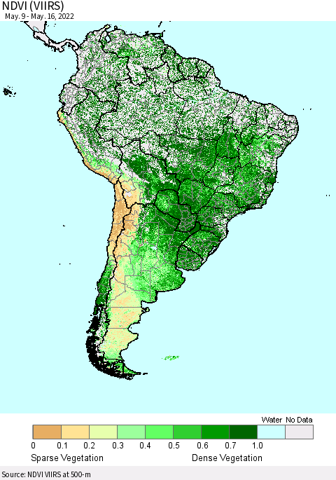 South America NDVI (VIIRS) Thematic Map For 5/9/2022 - 5/16/2022