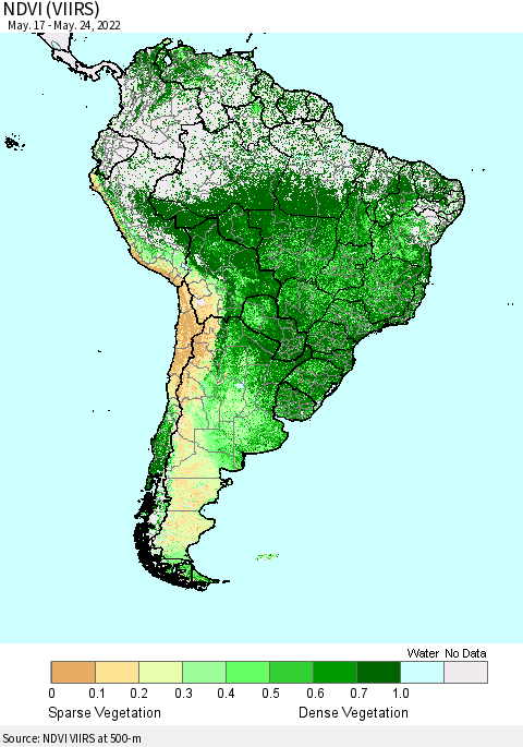 South America NDVI (VIIRS) Thematic Map For 5/17/2022 - 5/24/2022