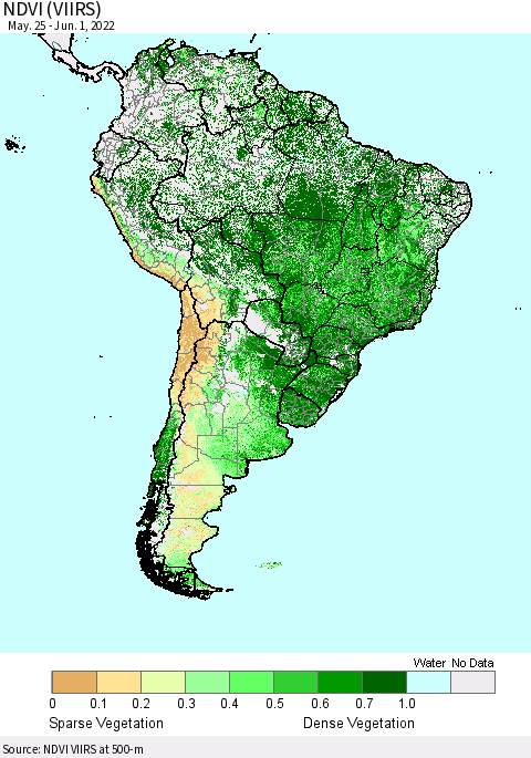 South America NDVI (VIIRS) Thematic Map For 5/25/2022 - 6/1/2022