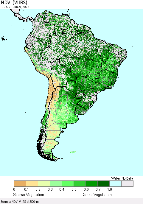 South America NDVI (VIIRS) Thematic Map For 6/2/2022 - 6/9/2022