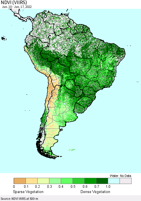 South America NDVI (VIIRS) Thematic Map For 6/10/2022 - 6/17/2022