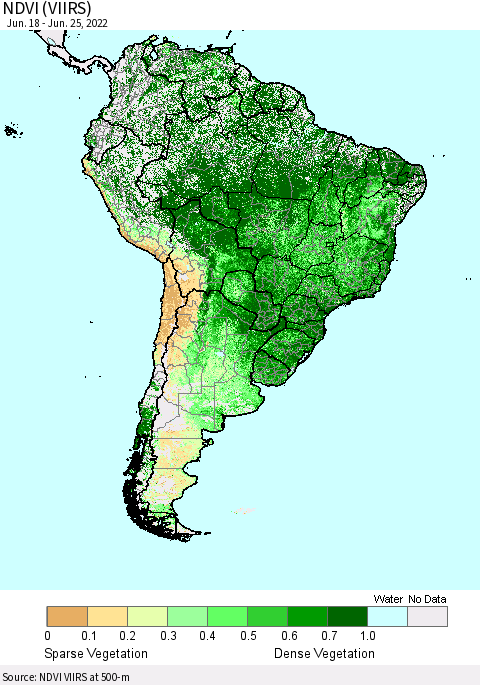 South America NDVI (VIIRS) Thematic Map For 6/18/2022 - 6/25/2022