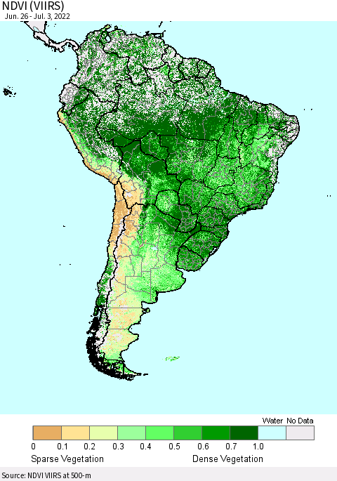 South America NDVI (VIIRS) Thematic Map For 6/26/2022 - 7/3/2022
