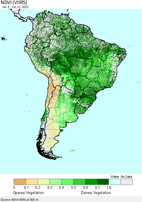 South America NDVI (VIIRS) Thematic Map For 7/4/2022 - 7/11/2022