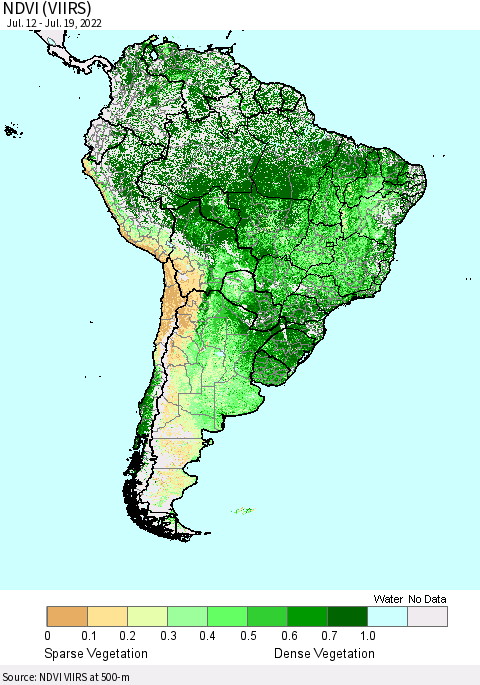 South America NDVI (VIIRS) Thematic Map For 7/12/2022 - 7/19/2022