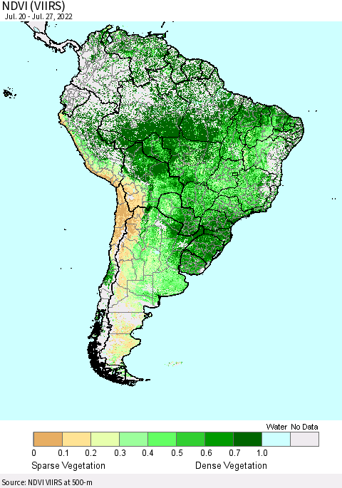 South America NDVI (VIIRS) Thematic Map For 7/20/2022 - 7/27/2022