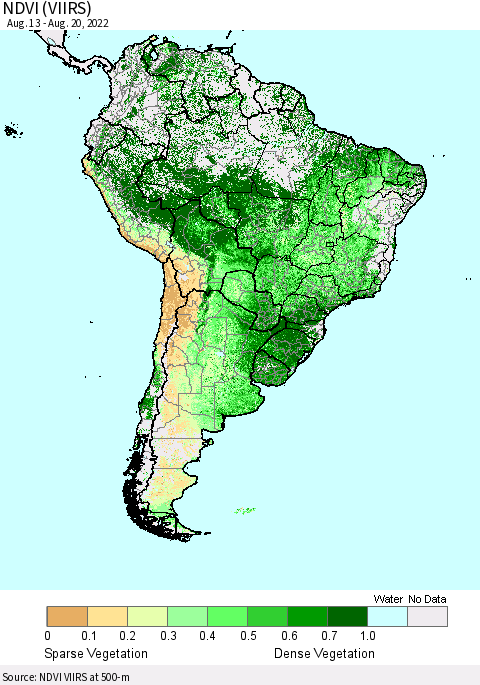 South America NDVI (VIIRS) Thematic Map For 8/13/2022 - 8/20/2022