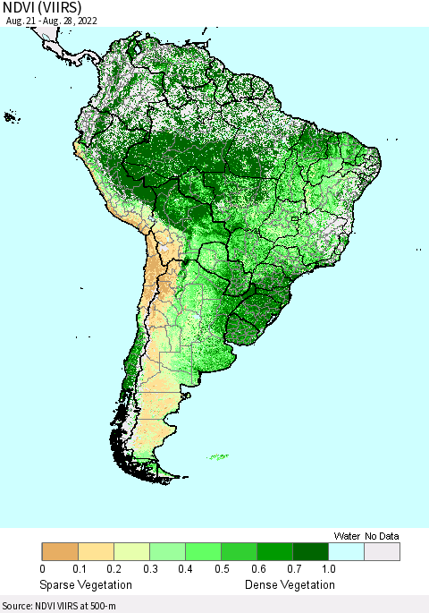 South America NDVI (VIIRS) Thematic Map For 8/21/2022 - 8/28/2022