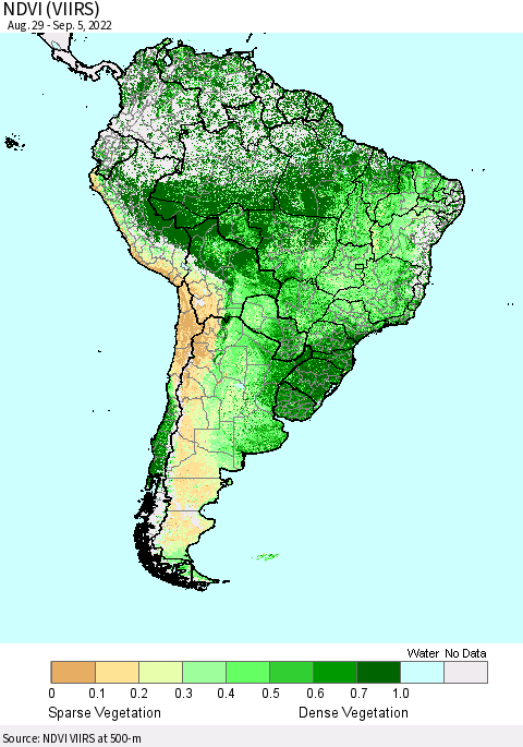 South America NDVI (VIIRS) Thematic Map For 8/29/2022 - 9/5/2022