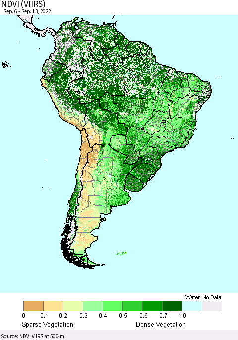 South America NDVI (VIIRS) Thematic Map For 9/6/2022 - 9/13/2022