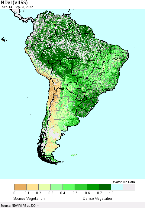 South America NDVI (VIIRS) Thematic Map For 9/14/2022 - 9/21/2022