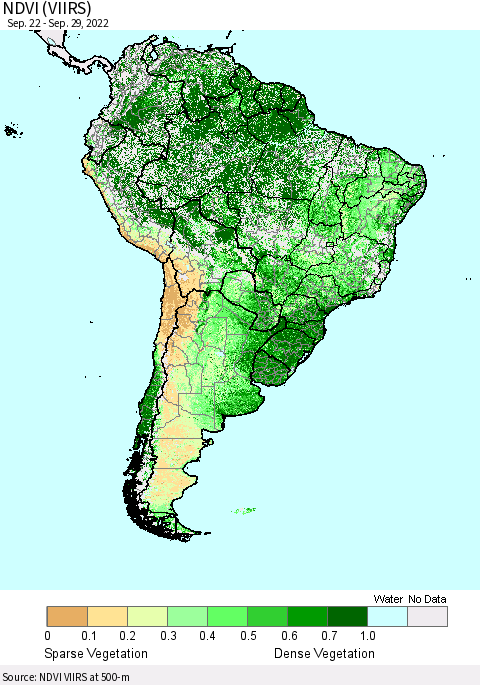 South America NDVI (VIIRS) Thematic Map For 9/22/2022 - 9/29/2022