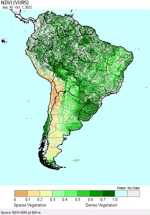 South America NDVI (VIIRS) Thematic Map For 9/30/2022 - 10/7/2022
