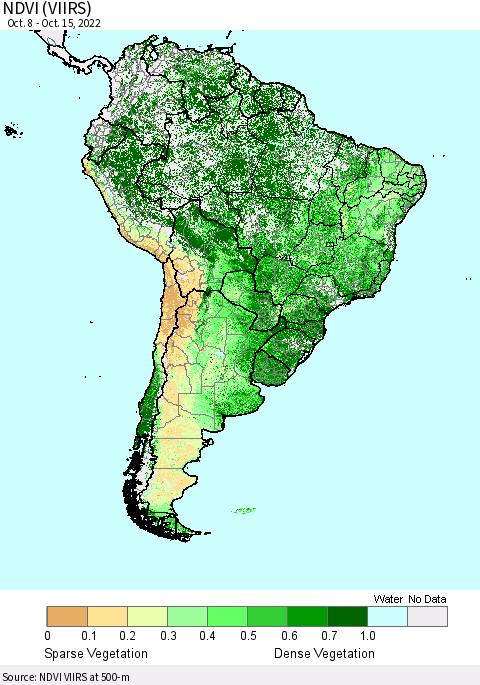 South America NDVI (VIIRS) Thematic Map For 10/8/2022 - 10/15/2022