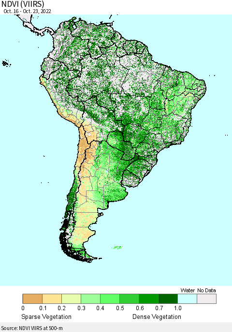 South America NDVI (VIIRS) Thematic Map For 10/16/2022 - 10/23/2022