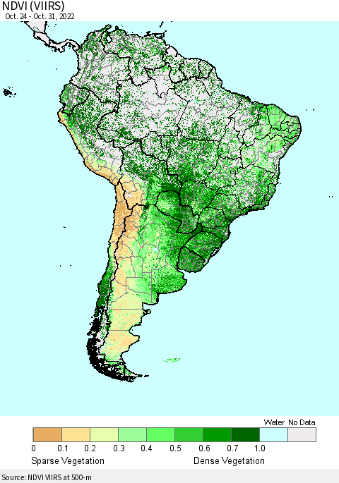 South America NDVI (VIIRS) Thematic Map For 10/24/2022 - 10/31/2022