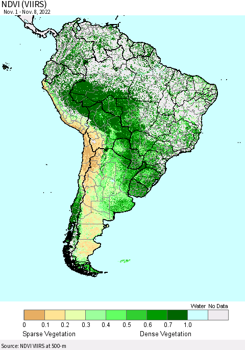 South America NDVI (VIIRS) Thematic Map For 11/1/2022 - 11/8/2022