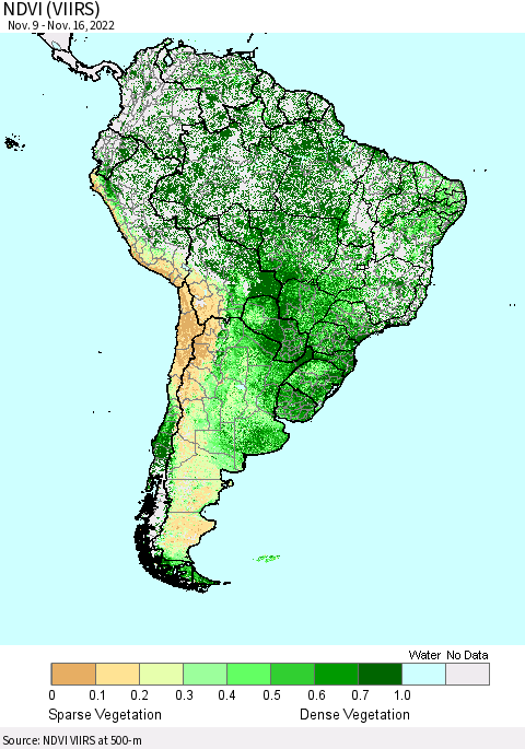 South America NDVI (VIIRS) Thematic Map For 11/9/2022 - 11/16/2022