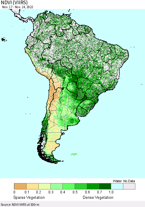 South America NDVI (VIIRS) Thematic Map For 11/17/2022 - 11/24/2022