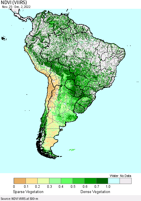 South America NDVI (VIIRS) Thematic Map For 11/25/2022 - 12/2/2022