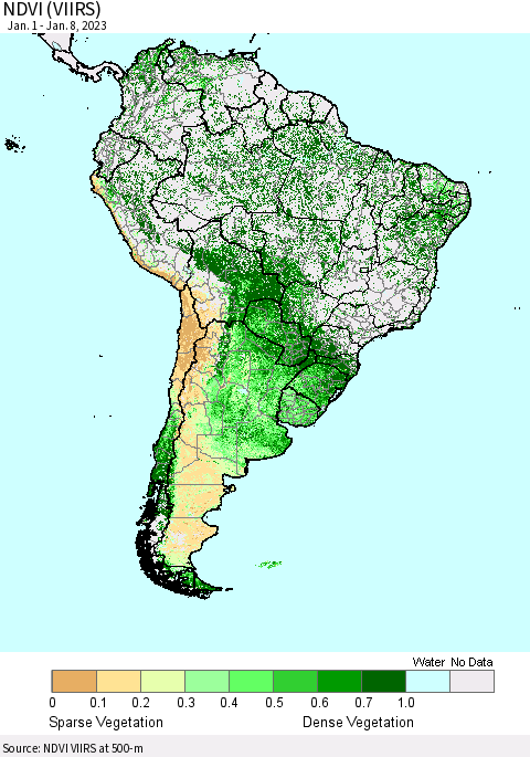 South America NDVI (VIIRS) Thematic Map For 1/1/2023 - 1/8/2023