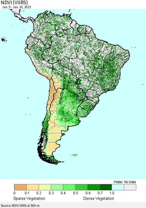 South America NDVI (VIIRS) Thematic Map For 1/9/2023 - 1/16/2023