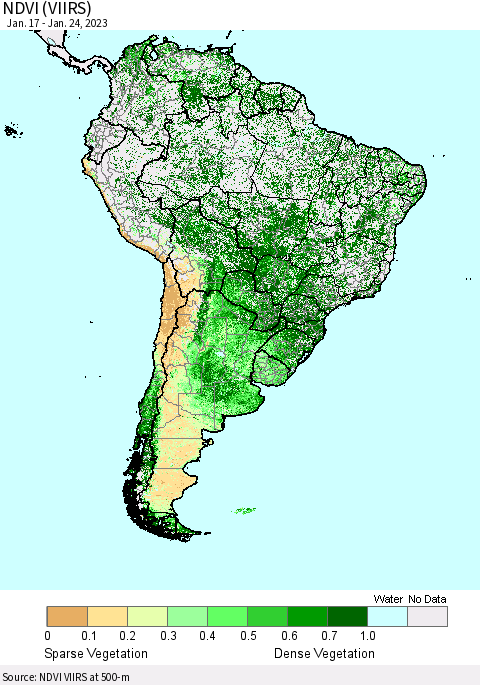 South America NDVI (VIIRS) Thematic Map For 1/17/2023 - 1/24/2023