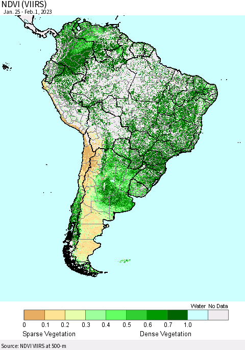 South America NDVI (VIIRS) Thematic Map For 1/25/2023 - 2/1/2023