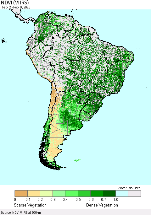 South America NDVI (VIIRS) Thematic Map For 2/2/2023 - 2/9/2023
