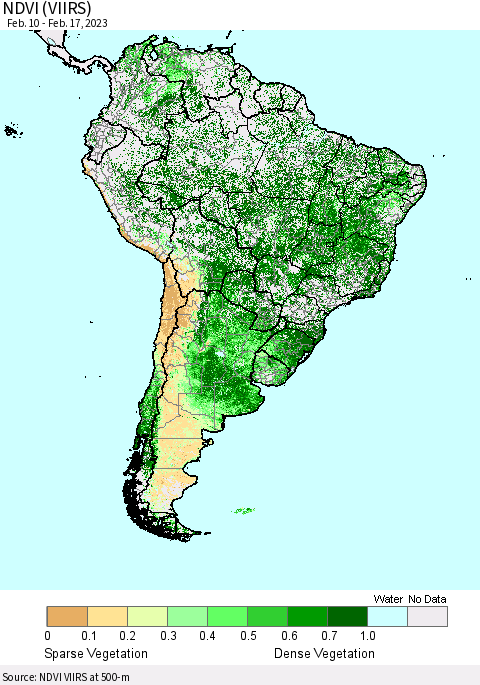 South America NDVI (VIIRS) Thematic Map For 2/10/2023 - 2/17/2023