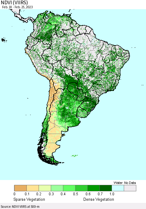 South America NDVI (VIIRS) Thematic Map For 2/18/2023 - 2/25/2023