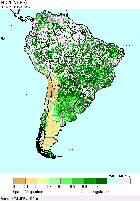 South America NDVI (VIIRS) Thematic Map For 2/26/2023 - 3/5/2023