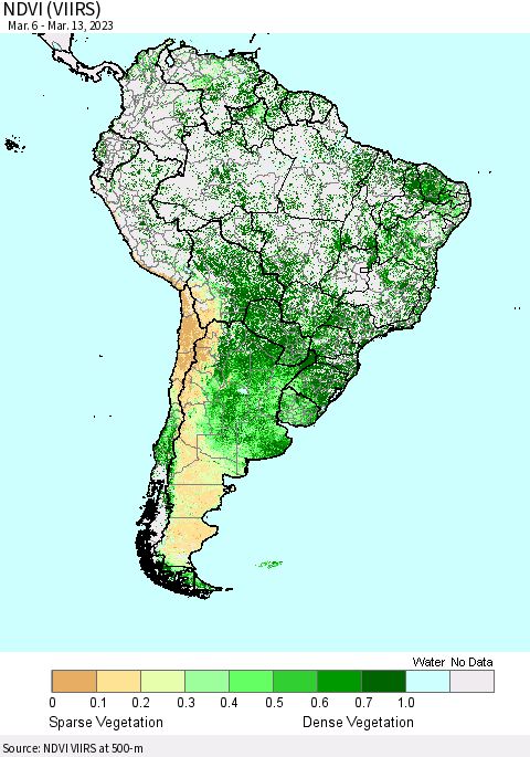South America NDVI (VIIRS) Thematic Map For 3/6/2023 - 3/13/2023