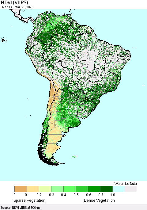 South America NDVI (VIIRS) Thematic Map For 3/14/2023 - 3/21/2023