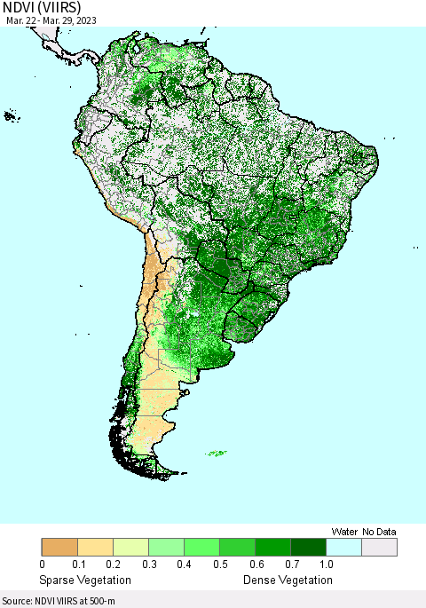 South America NDVI (VIIRS) Thematic Map For 3/22/2023 - 3/29/2023