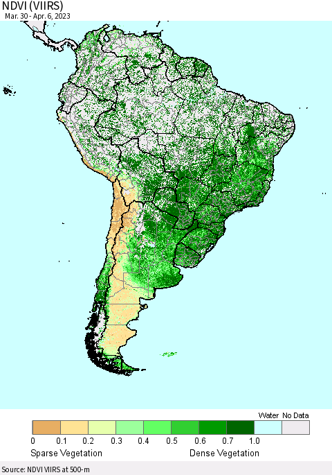 South America NDVI (VIIRS) Thematic Map For 3/30/2023 - 4/6/2023