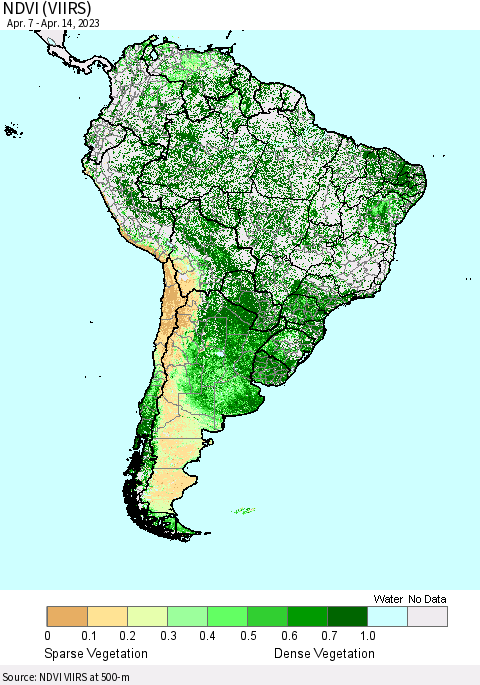 South America NDVI (VIIRS) Thematic Map For 4/7/2023 - 4/14/2023