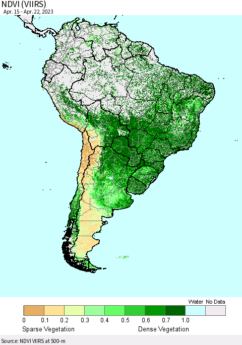 South America NDVI (VIIRS) Thematic Map For 4/15/2023 - 4/22/2023