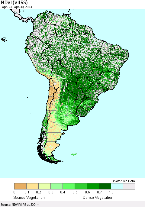 South America NDVI (VIIRS) Thematic Map For 4/23/2023 - 4/30/2023
