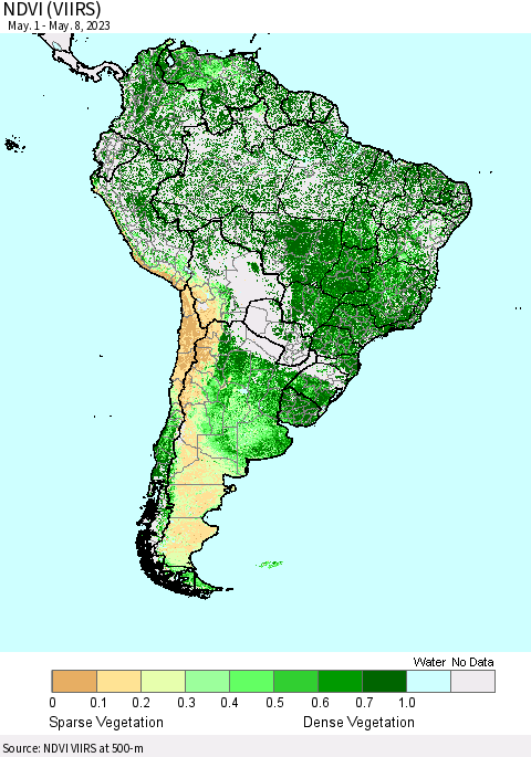 South America NDVI (VIIRS) Thematic Map For 5/1/2023 - 5/8/2023
