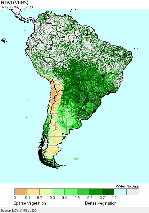 South America NDVI (VIIRS) Thematic Map For 5/9/2023 - 5/16/2023