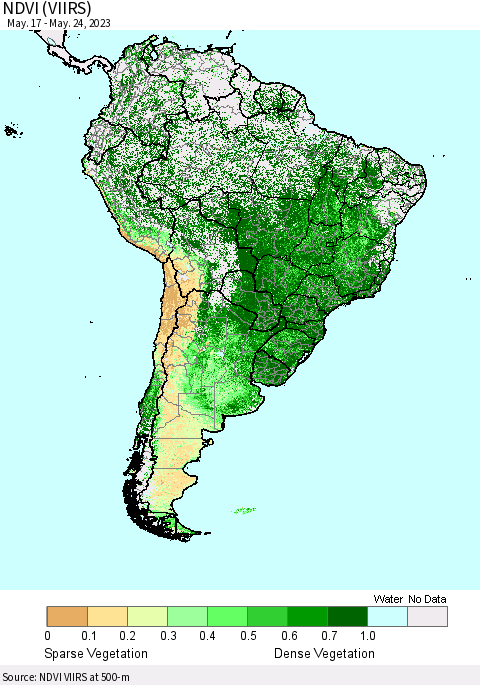 South America NDVI (VIIRS) Thematic Map For 5/17/2023 - 5/24/2023