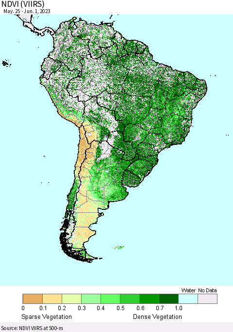 South America NDVI (VIIRS) Thematic Map For 5/25/2023 - 6/1/2023