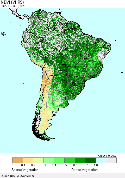 South America NDVI (VIIRS) Thematic Map For 6/2/2023 - 6/9/2023