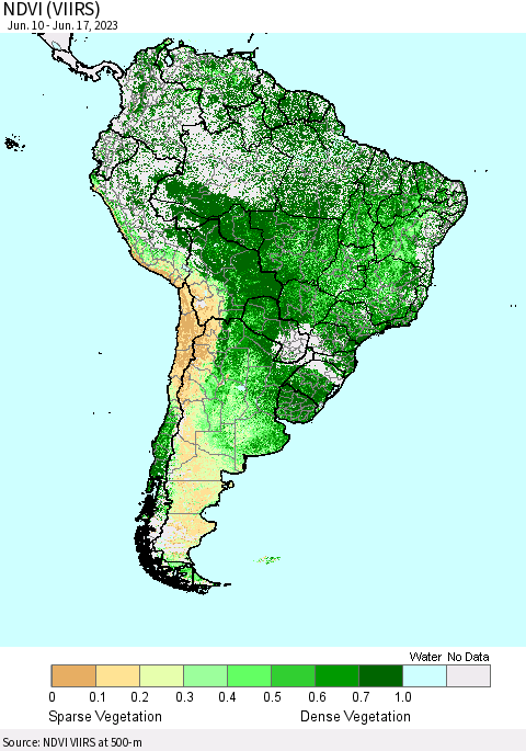 South America NDVI (VIIRS) Thematic Map For 6/10/2023 - 6/17/2023